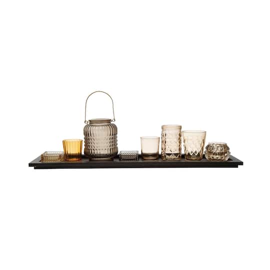 Embossed Glass Votive Holders with Black Finish Wood Tray Set